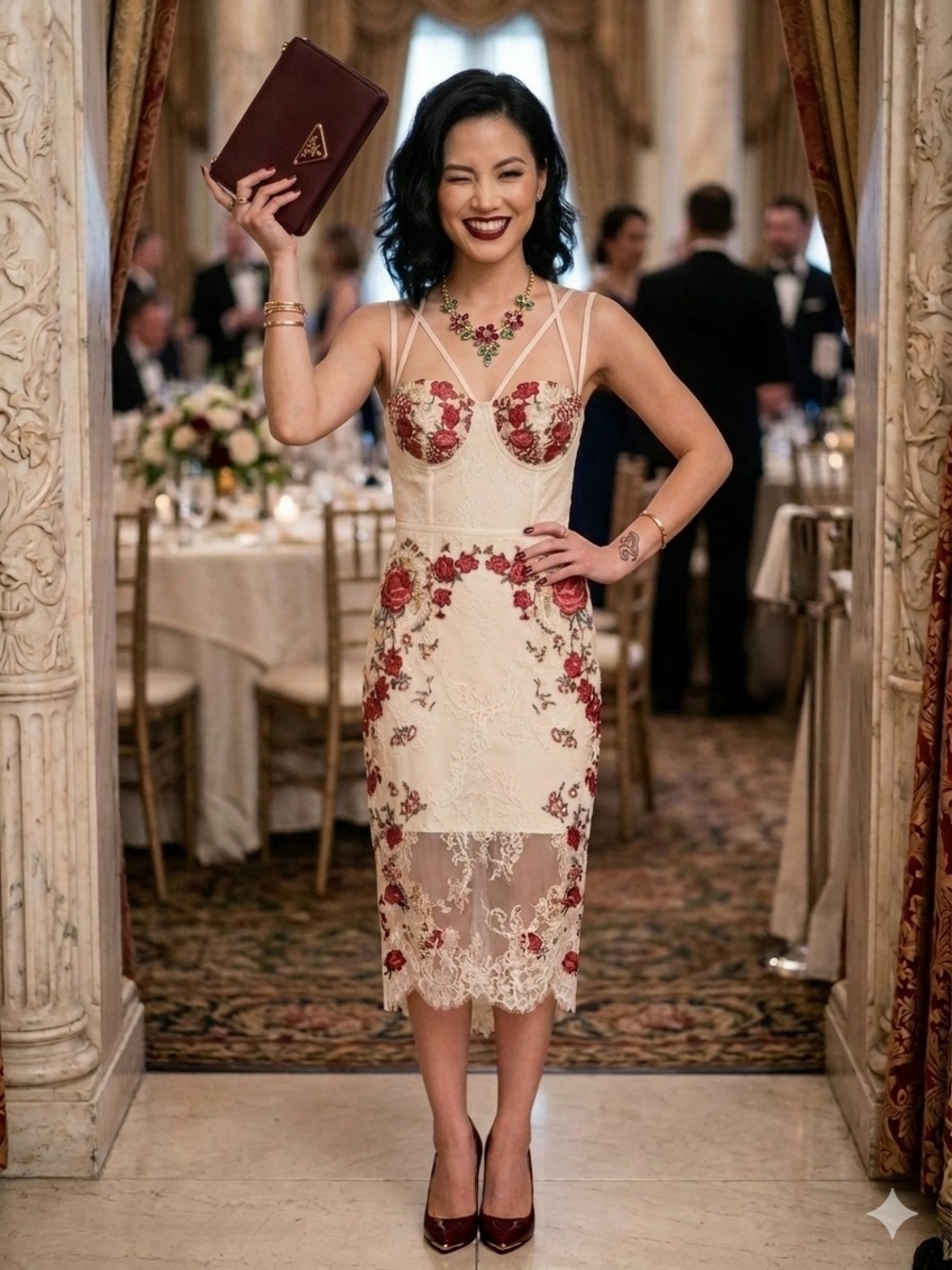 bebe Cream Midi Dress with Red Floral Embroidery (Size Small)